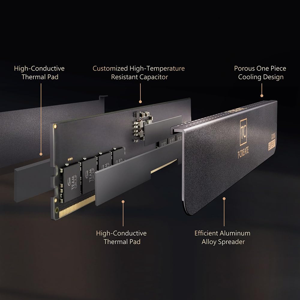 TeamGroup T-Create EXPERT DDR5 DESKTOP MEMORY BLACK 32GB(2x16GB) 6000MHz CL30 Black 32GB DDR5 RAM Kit, Metal Heatsink, 10Layer PCB For Overclocking, ECC, XMP 3.0/EXPO, Low Latency Module- CTCED532G6000HC30DC01