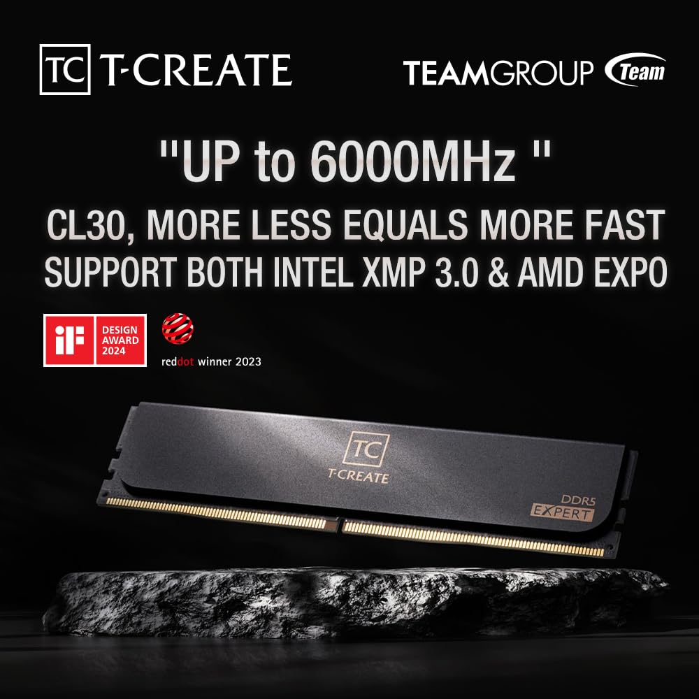 TeamGroup T-Create EXPERT DDR5 DESKTOP MEMORY BLACK 32GB(2x16GB) 6000MHz CL30 Black 32GB DDR5 RAM Kit, Metal Heatsink, 10Layer PCB For Overclocking, ECC, XMP 3.0/EXPO, Low Latency Module- CTCED532G6000HC30DC01