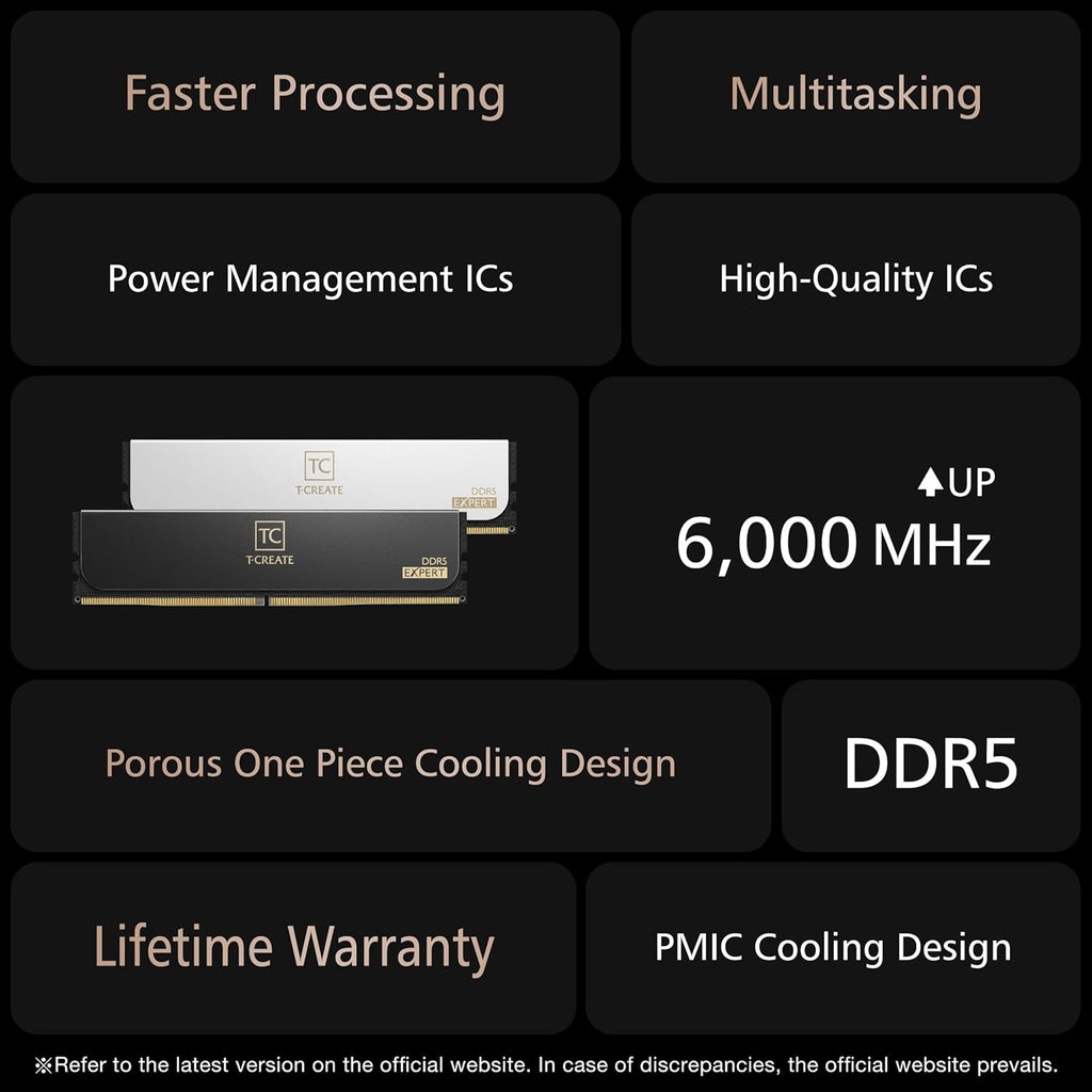 TeamGroup T-Create EXPERT DDR5 DESKTOP MEMORY BLACK 32GB(2x16GB) 6000MHz CL30 Black 32GB DDR5 RAM Kit, Metal Heatsink, 10Layer PCB For Overclocking, ECC, XMP 3.0/EXPO, Low Latency Module- CTCED532G6000HC30DC01
