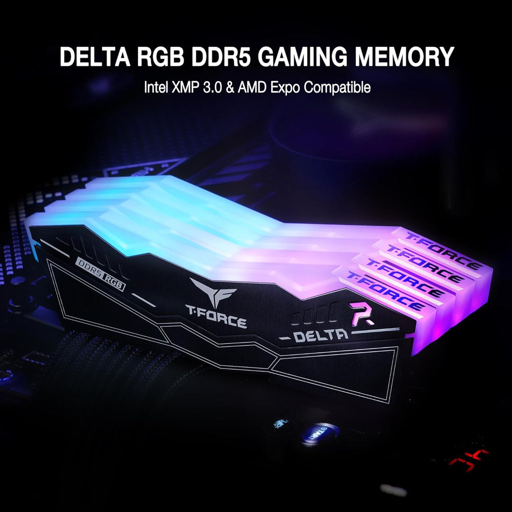 TEAMGROUP T-Force Delta RGB DDR5 Ram 32GB (2x16GB) 7200MHz PC5-57600 CL34 A-DIE Desktop Memory Module Ram for 600 700 Series Chipset XMP 3.0 Ready Black - FF3D532G7200HC34ADC01